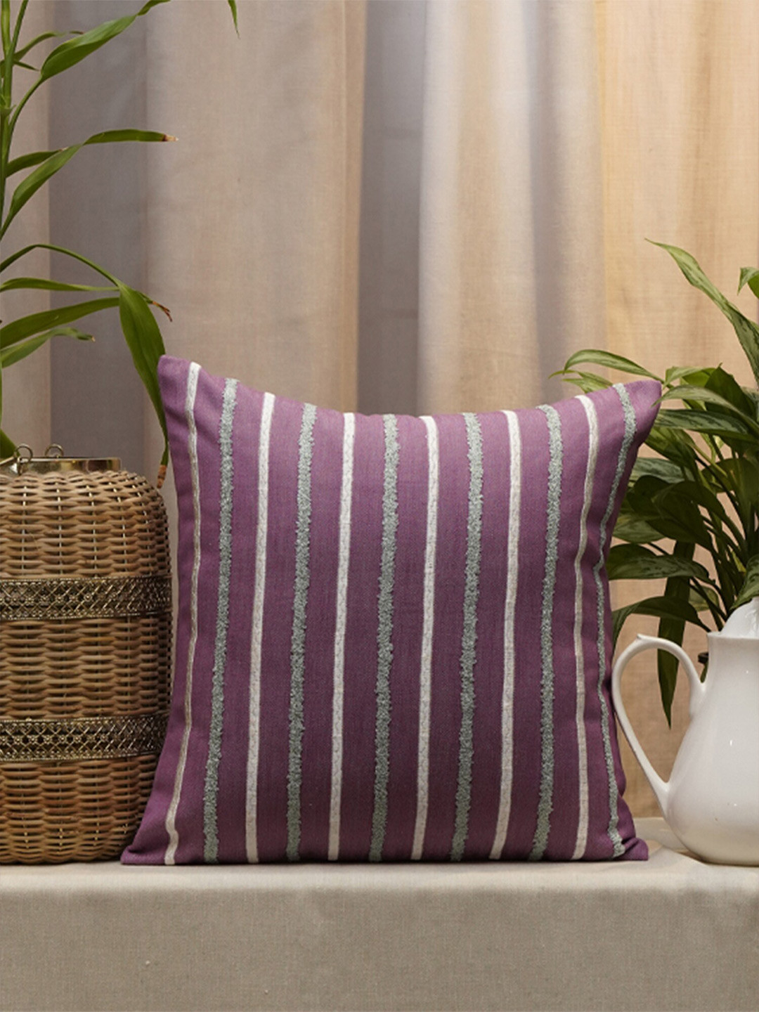 ZEBA Purple & Grey Striped Cotton Square Cushion Cover