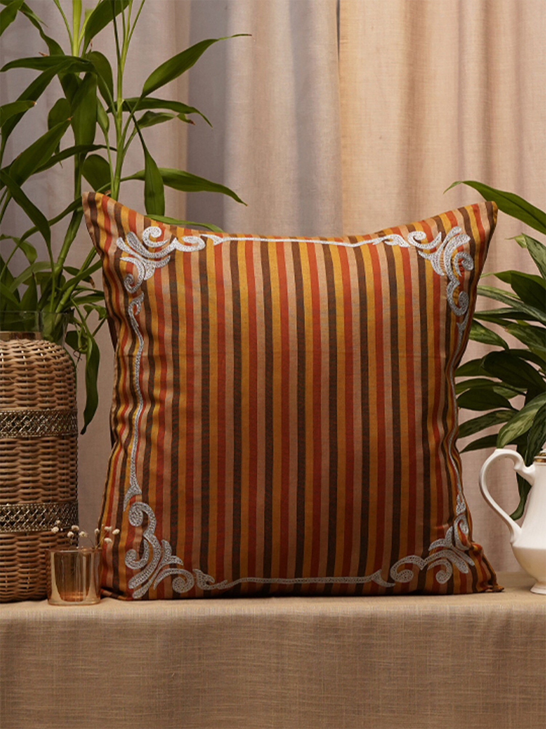 ZEBA Brown & Red Striped Square Cushion Cover