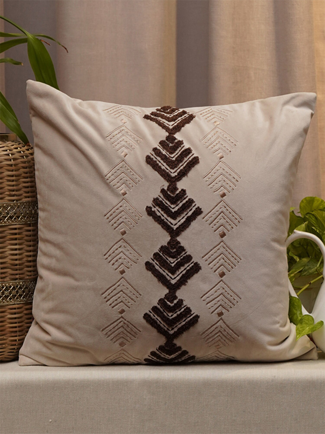 ZEBA Off White Embroidered Velvet Breathable Square Cushion Covers - 16 x 16 In