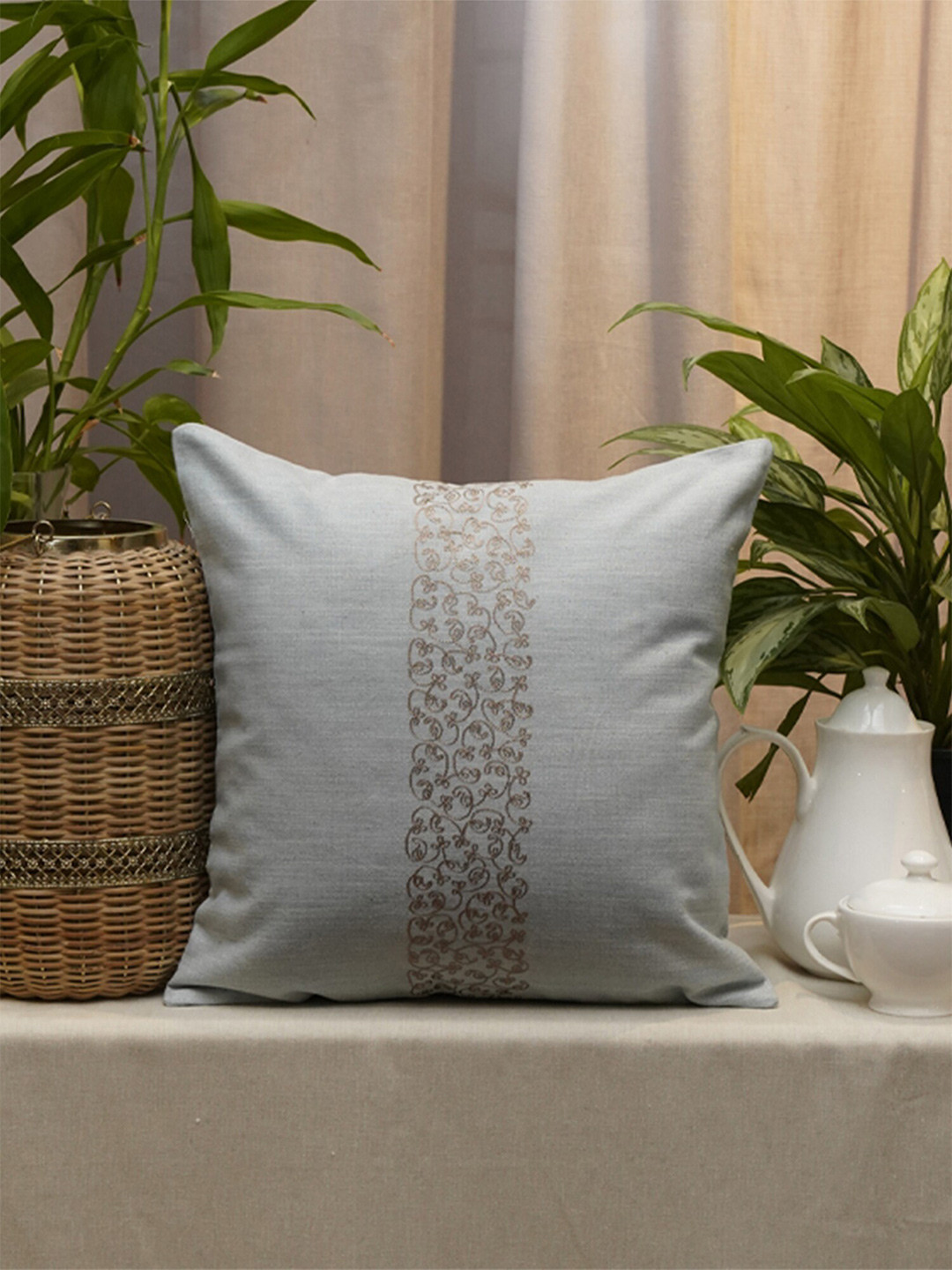 ZEBA Grey & Brown Embroidered Square Cotton Cushion Cover