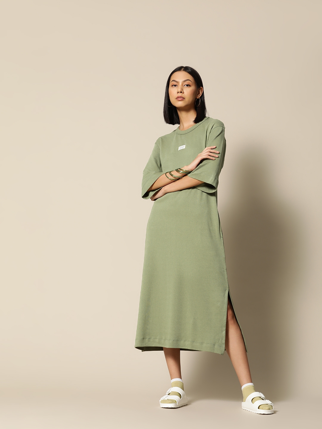 Buy BOWER Olive Green Pure Cotton Solid T shirt Midi Dress Dresses for Women 17196508 Myntra