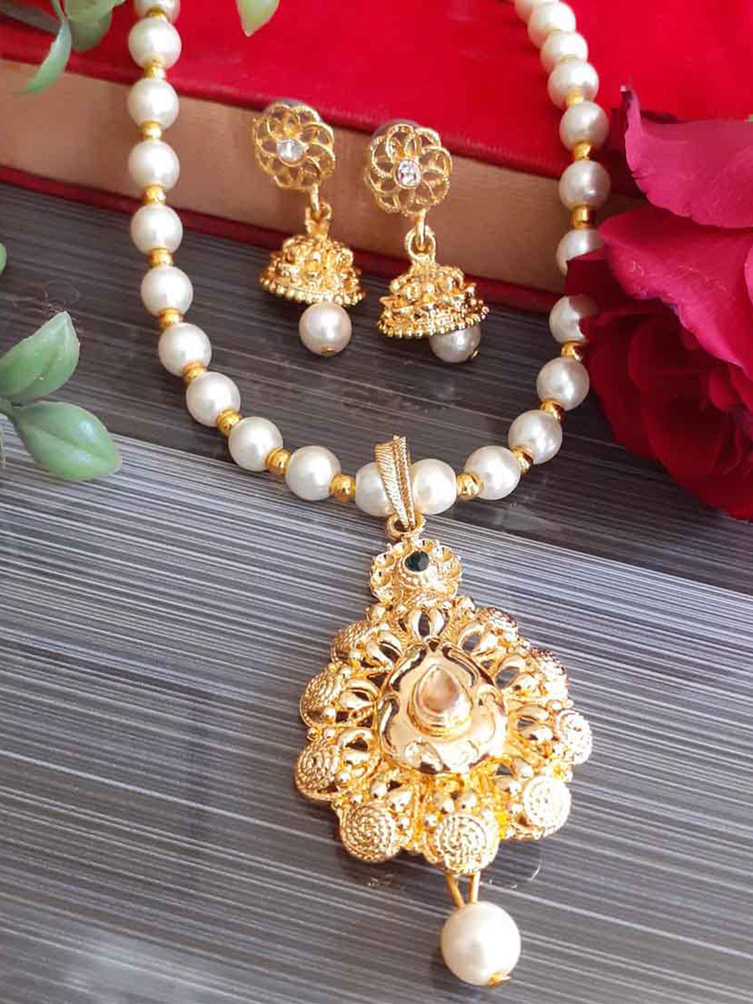 Rich & Famous Gold-Plated Pearl Beaded Brass Jewellery Set
