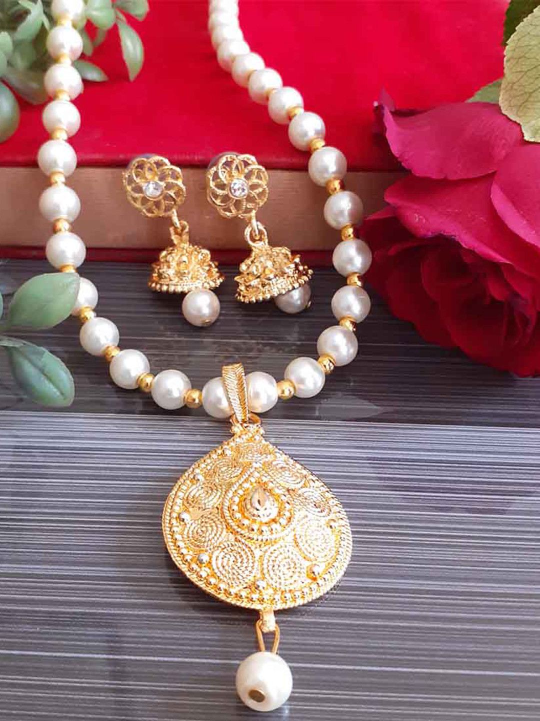 RICH AND FAMOUS Women Gold-Plated & White Studded Brass Jewellery Set