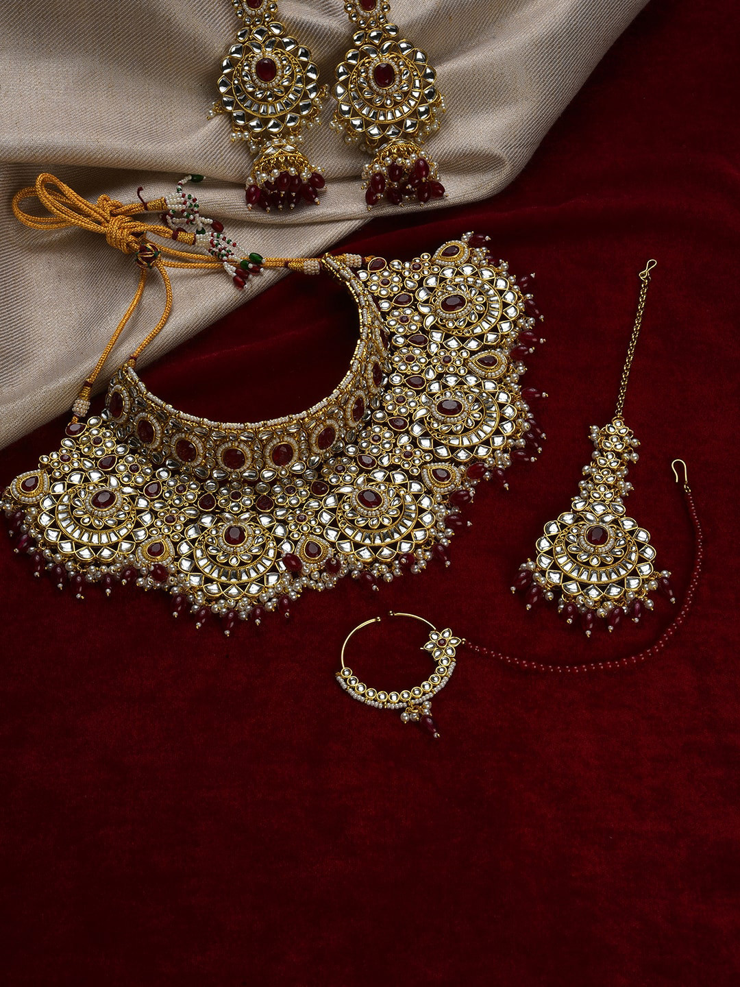 SOHI Gold-Plated & Maroon Kundan Jewellery Set
