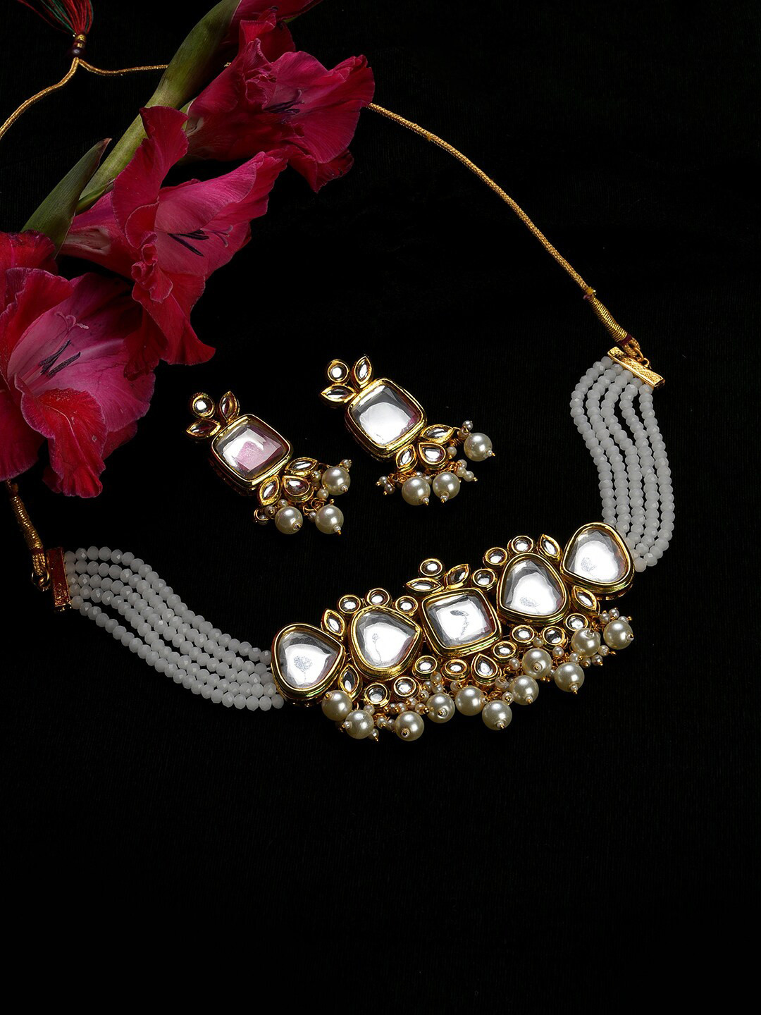 SOHI Gold-Plated Necklace White Kundan Studded Jewellery Set