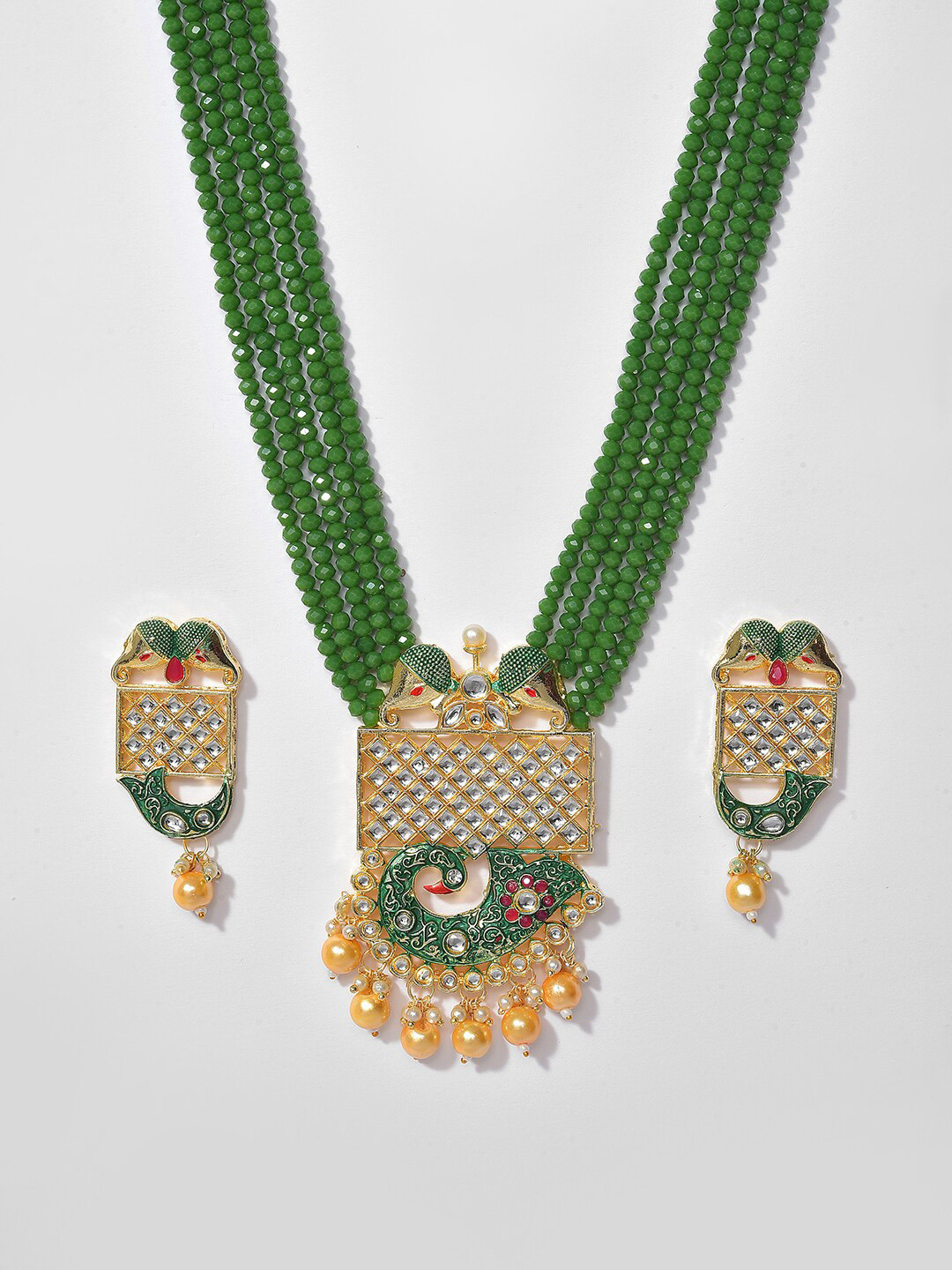 SOHI Women Gold-Plated Green Kundan Stone-Studded & Beaded Jewellery Set