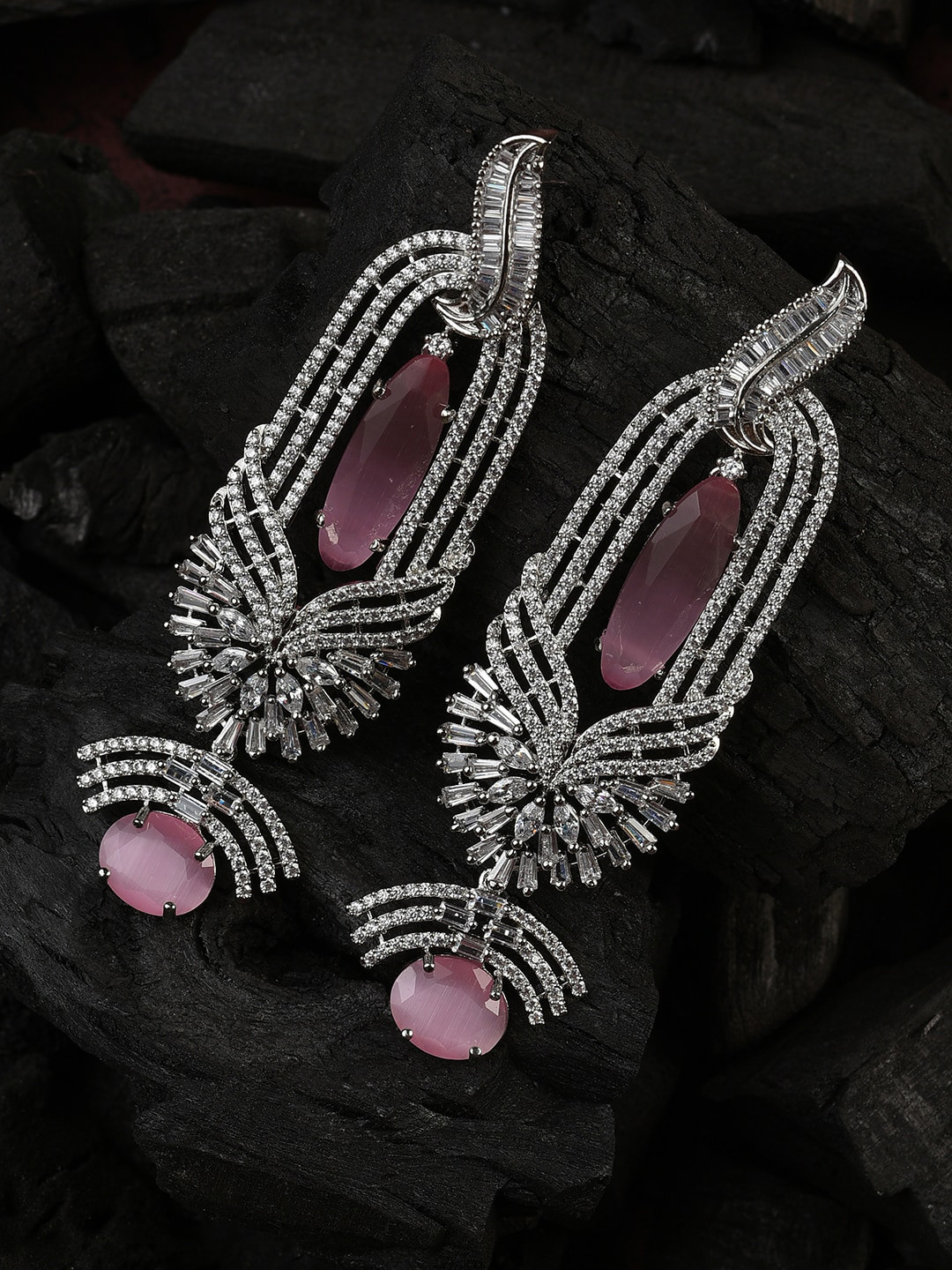 SOHI Women Pink & Silver-Toned Contemporary American Diamond Jhumka Earrings