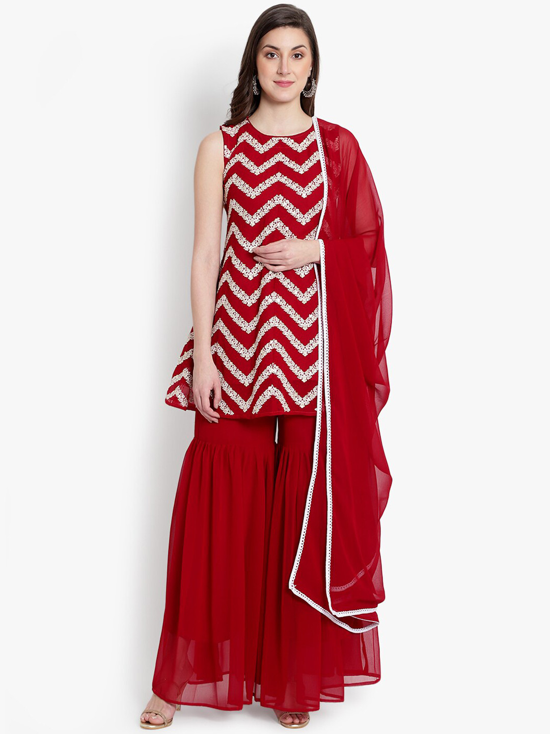 heemara Women Red & White Embroidered Silk Georgette Kurti Set with Dupatta