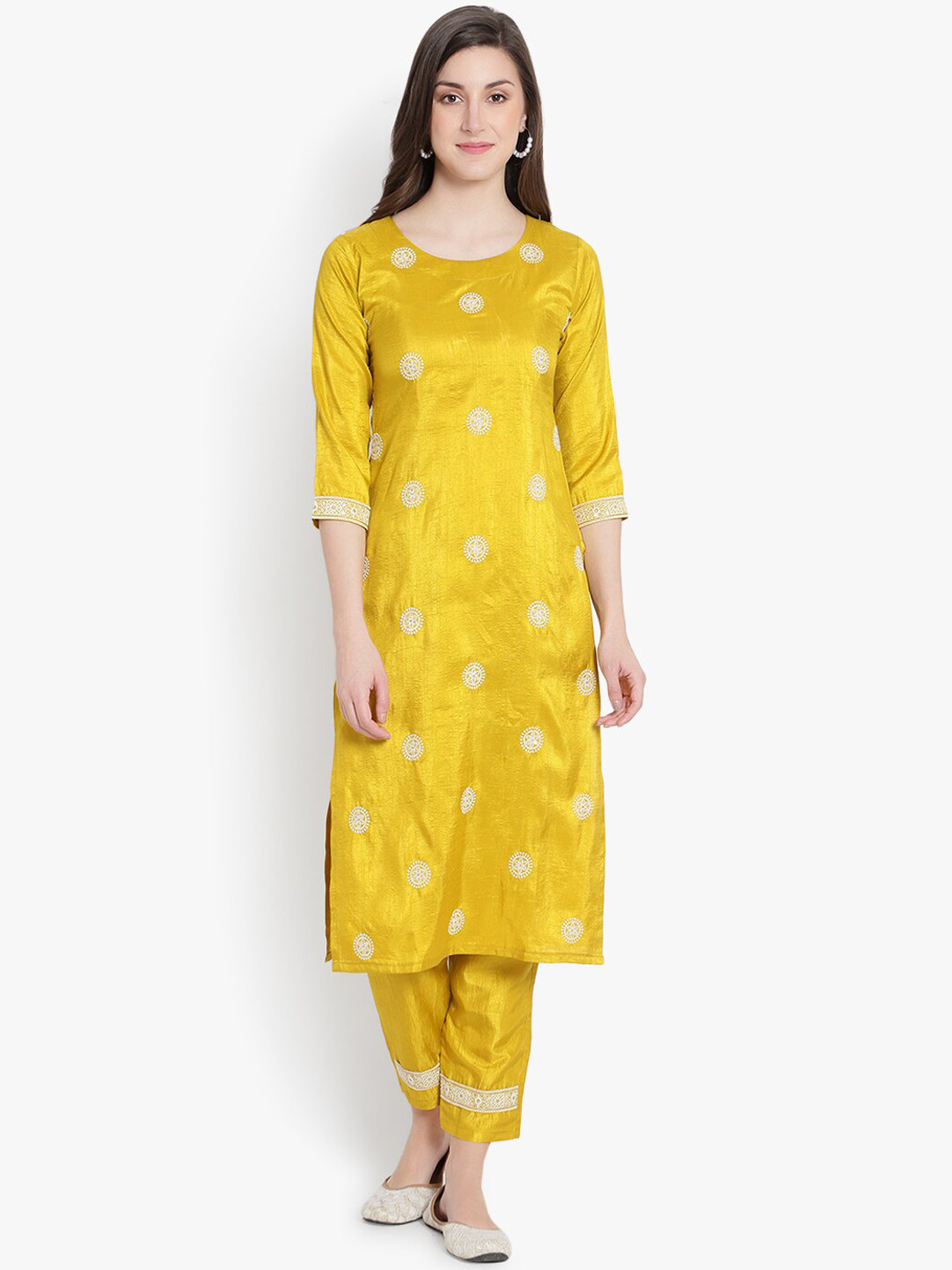 heemara Women Mustard Embroidered Thread Work Silk Chiffon Kurta with Trousers & Dupatta