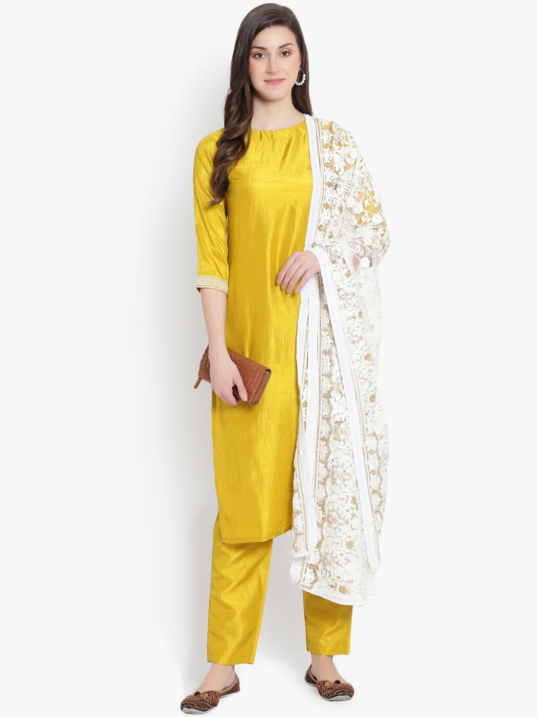 heemara Women Mustard Yellow Silk Chiffon Kurta with Trousers & With Dupatta