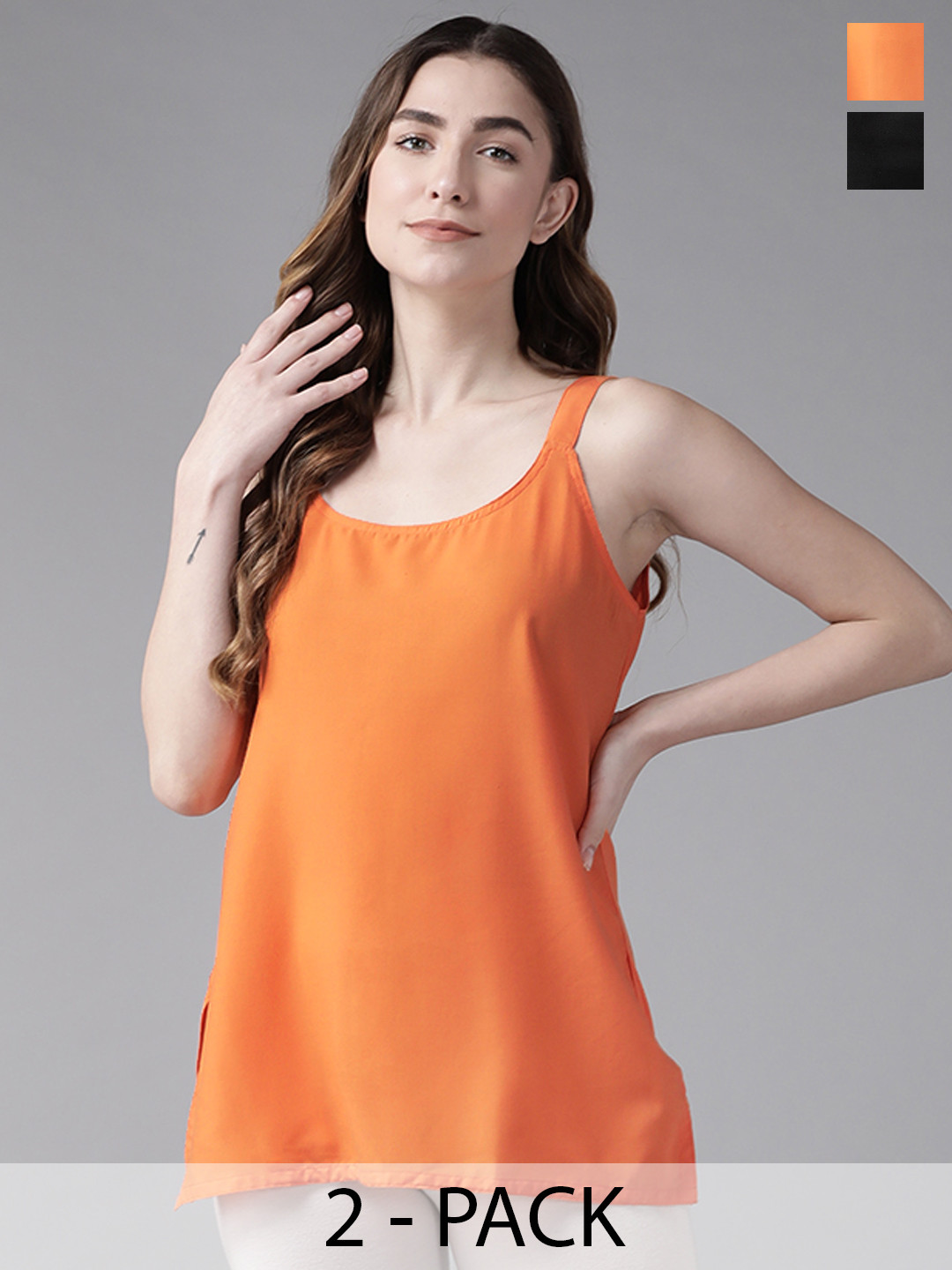 ADA Women Black & Orange Pack Of 2 Solid CottonHandloom Camisoles