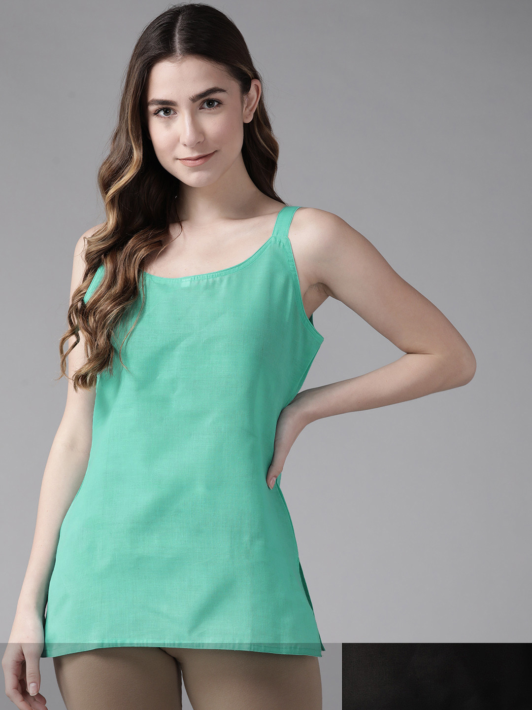 ADA Women Black & Sea Green Pack of 2 Pure Cotton SolidHandloom Camisoles