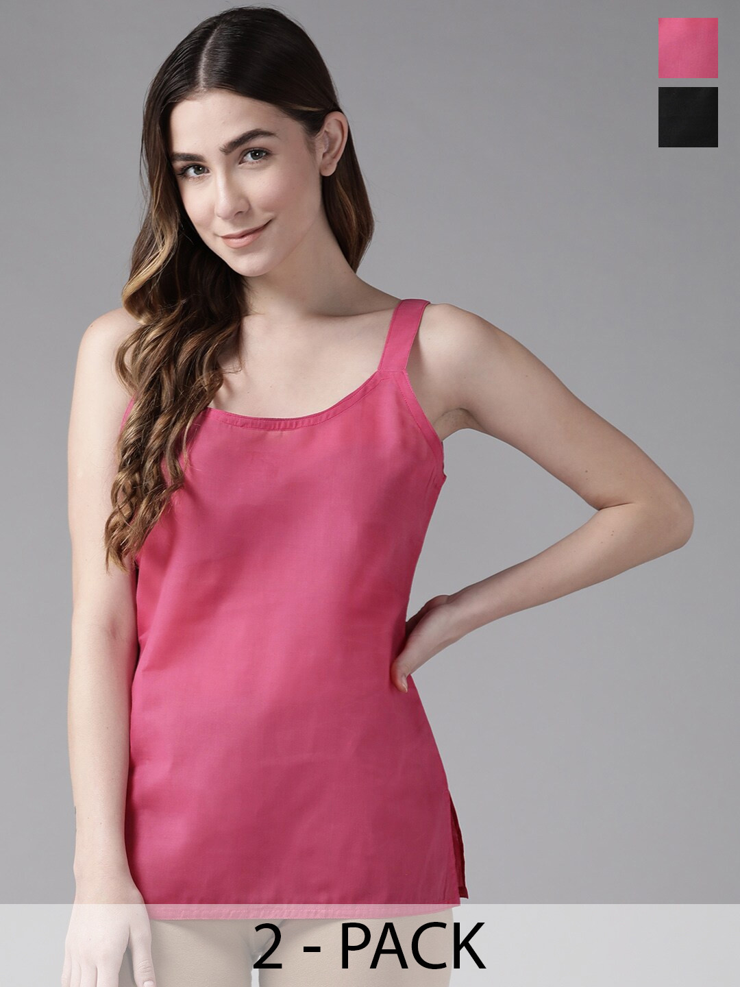 Women Pack of 2 Black & Pink Solid Non-Padded CottonHandloom Camisole