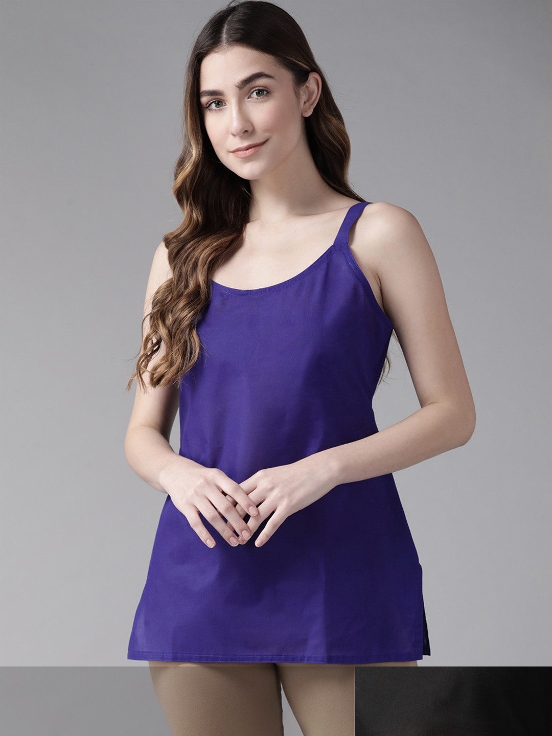 Women Pack of 2 Navy Blue & Black Solid Non-Padded CottonHandloom Camisole
