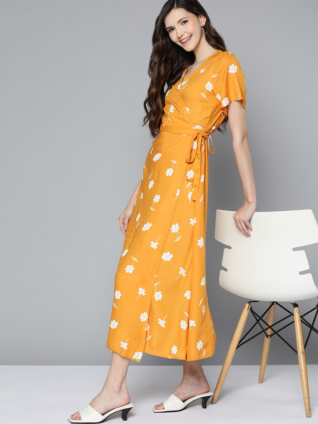 Mast & Harbour Yellow & White Floral Midi Wrap Dress