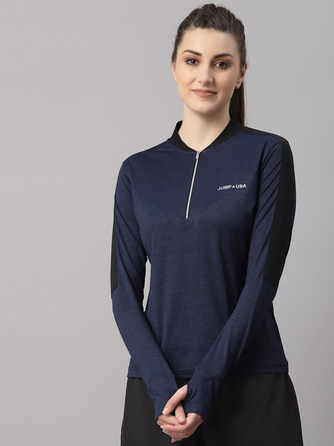 JUMP USA Women Navy Blue & Black V-Neck Sports T-shirt