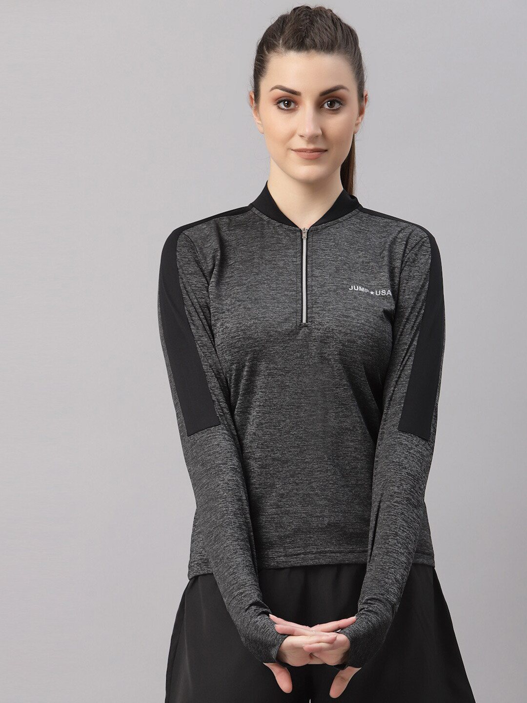 JUMP USA Women Black Mandarin Collar Training or Gym T-shirt