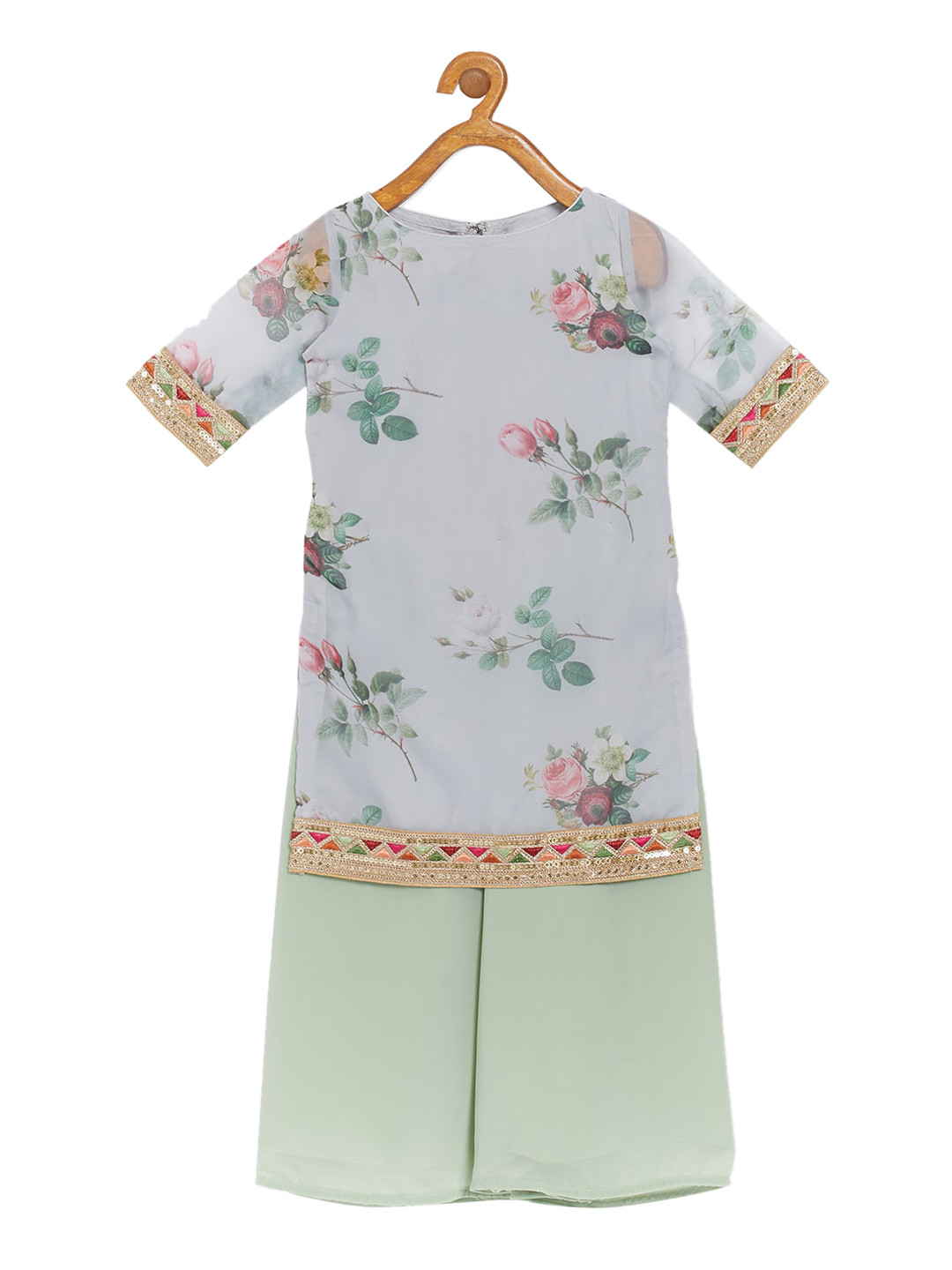 Ethnovog Girls Grey  Green Floral Printed Kurti With Palazzos