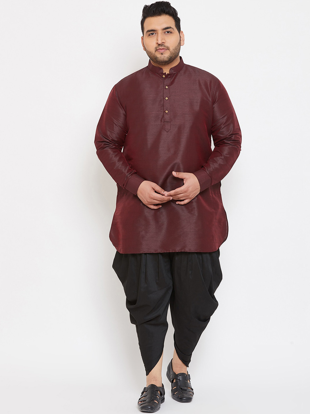 VASTRAMAY Men Burgundy Kurta with Dhoti Pants