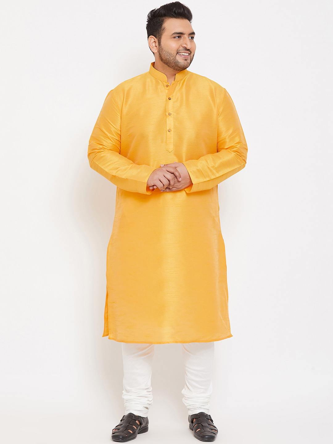 VASTRAMAY Plus Size Men Yellow Kurta with Churidar