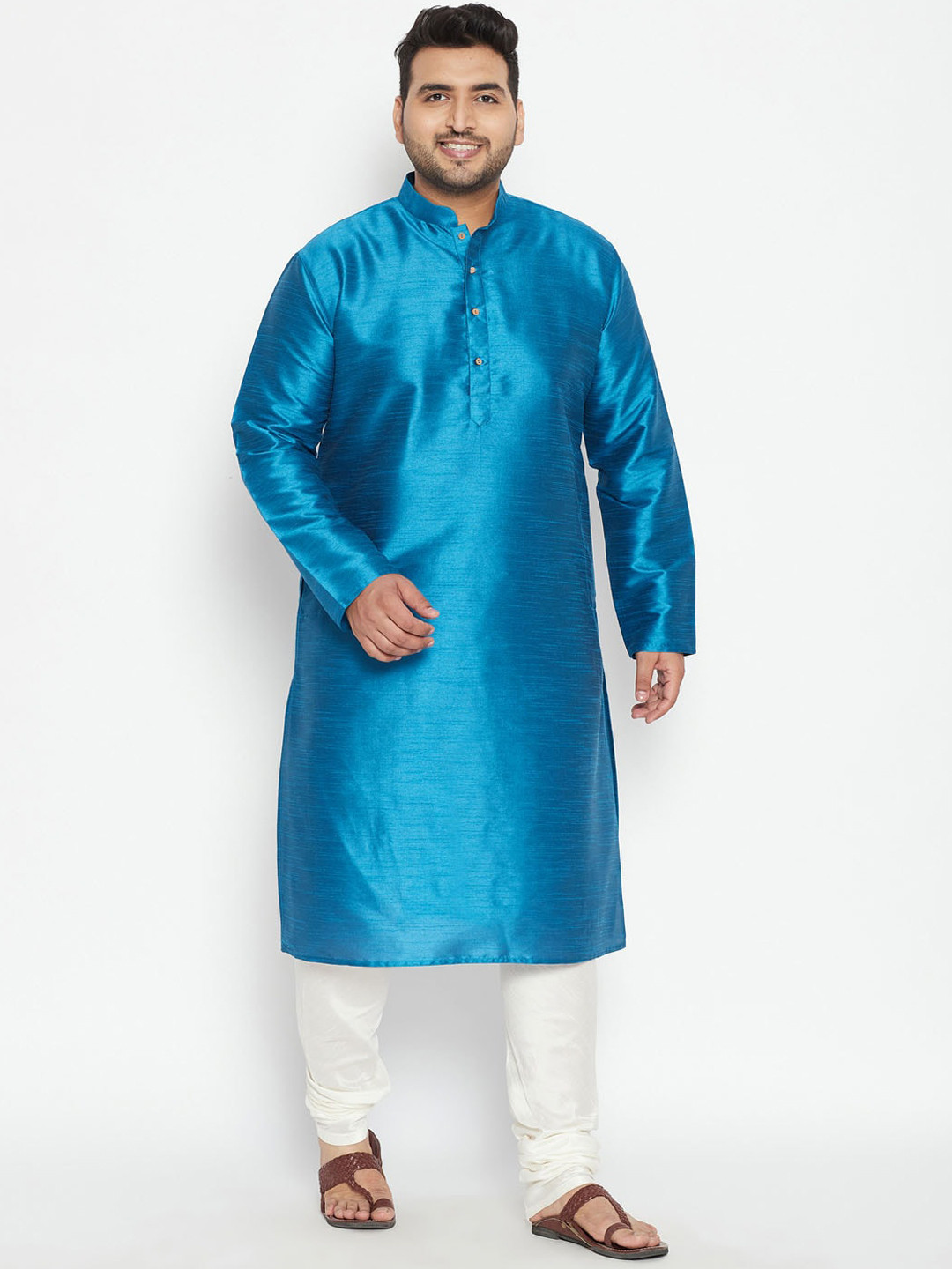 VASTRAMAY Plus Size Men Turquoise Blue Solid Silk Kurta Set