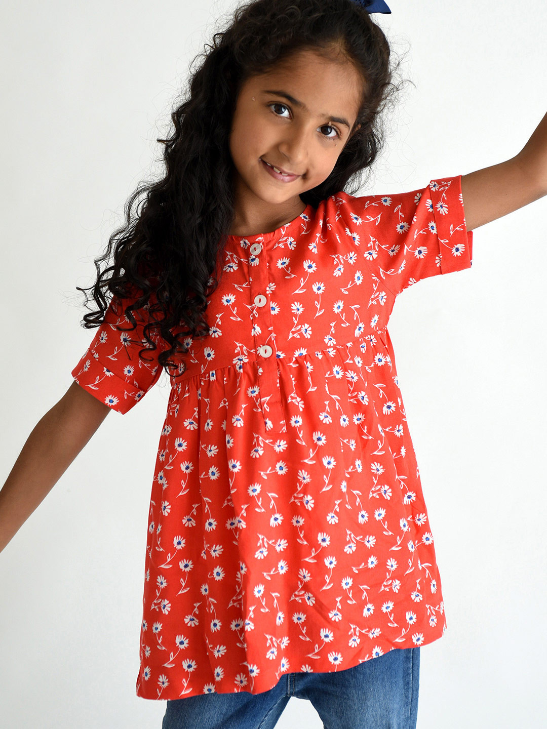 Campana Girls Red & White Floral Print Top