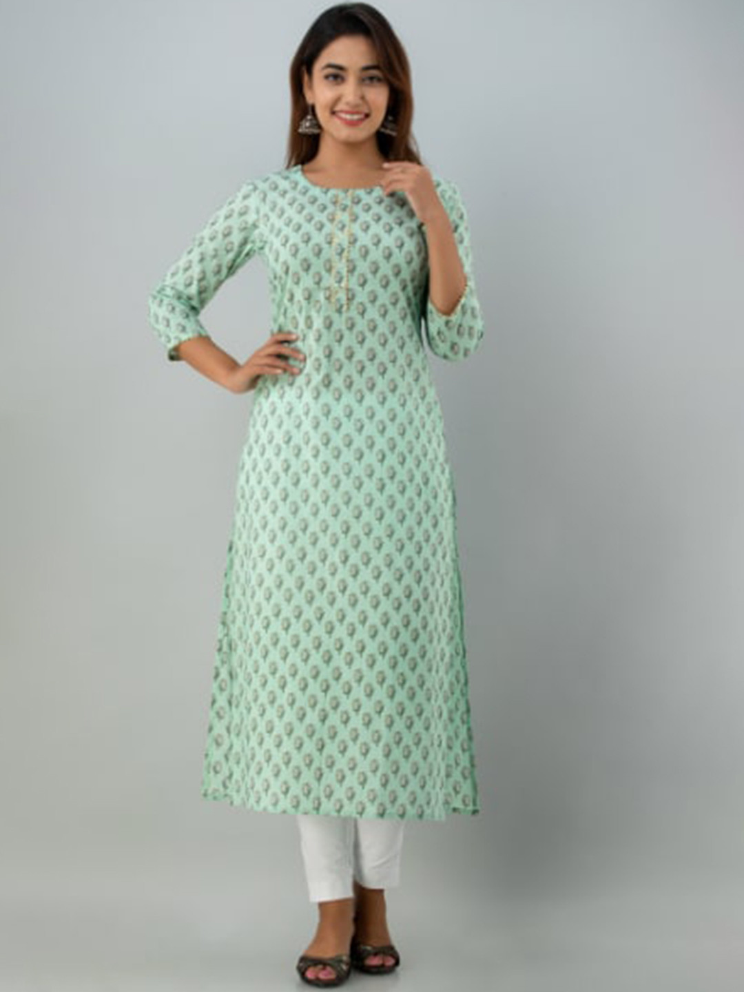 GLAM ROOTS Women Green Ethnic Motifs Printed Floral Kurta