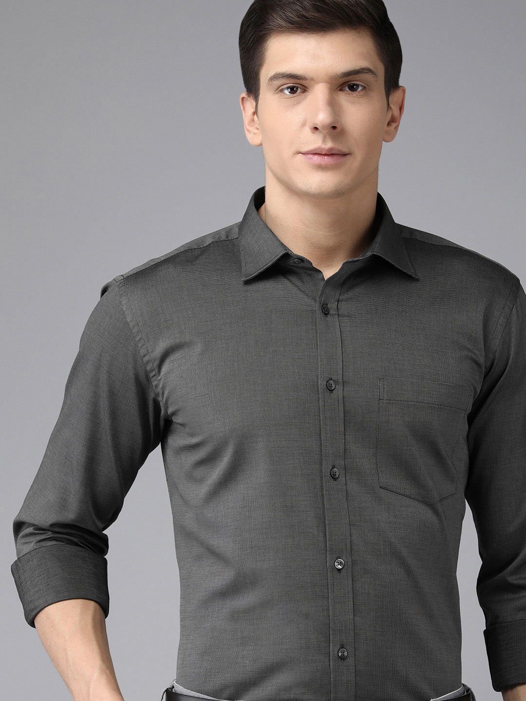 Park Avenue Men Dark Grey Self Design Slim Fit Pure Cotton Formal Shirt