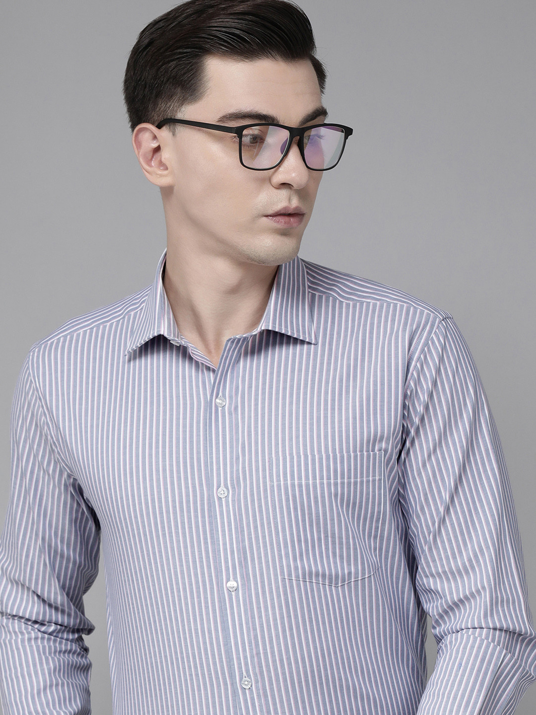 Park Avenue Men Light Blue & White Striped Slim Fit Formal Shirt