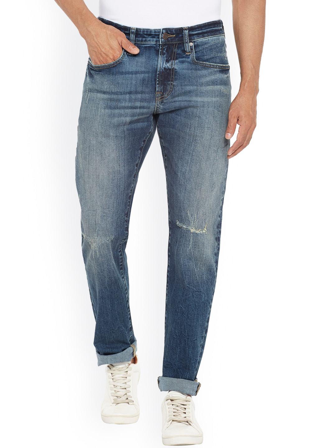 EVERBLUE Men Solid Comfort Slim Fit Light Fade Slash Knees Stretchable Jeans