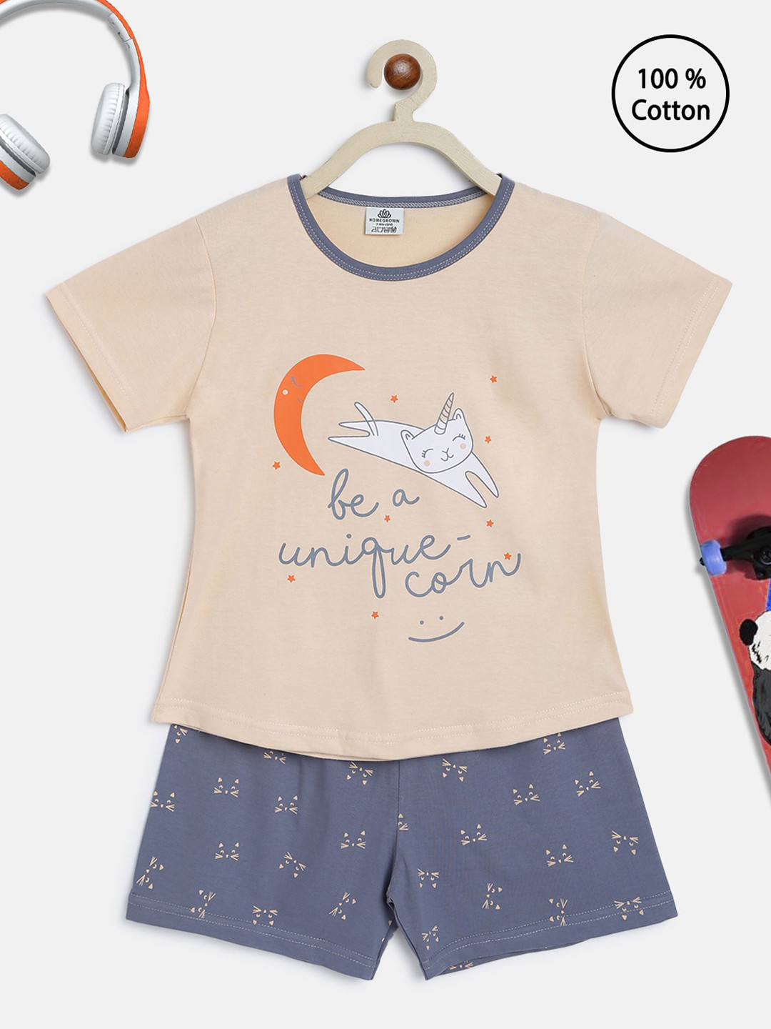 HOMEGROWN Girls Peach Printed Night suits