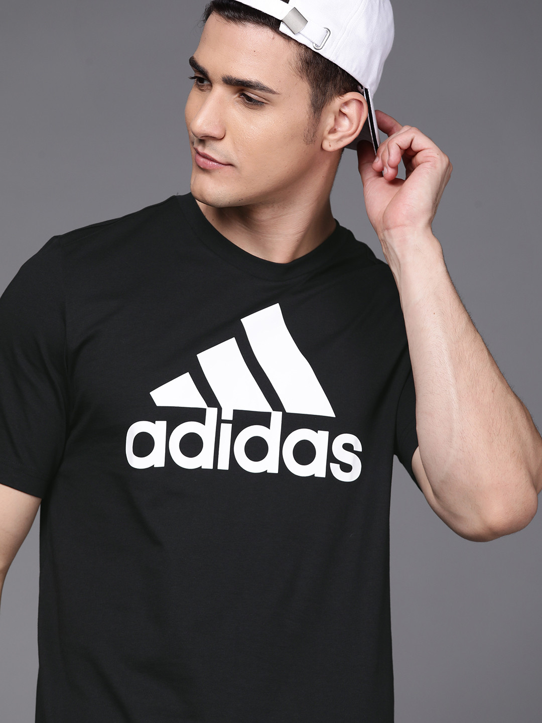 ADIDAS Men Black Brand Logo Printed Pure Cotton T-shirt