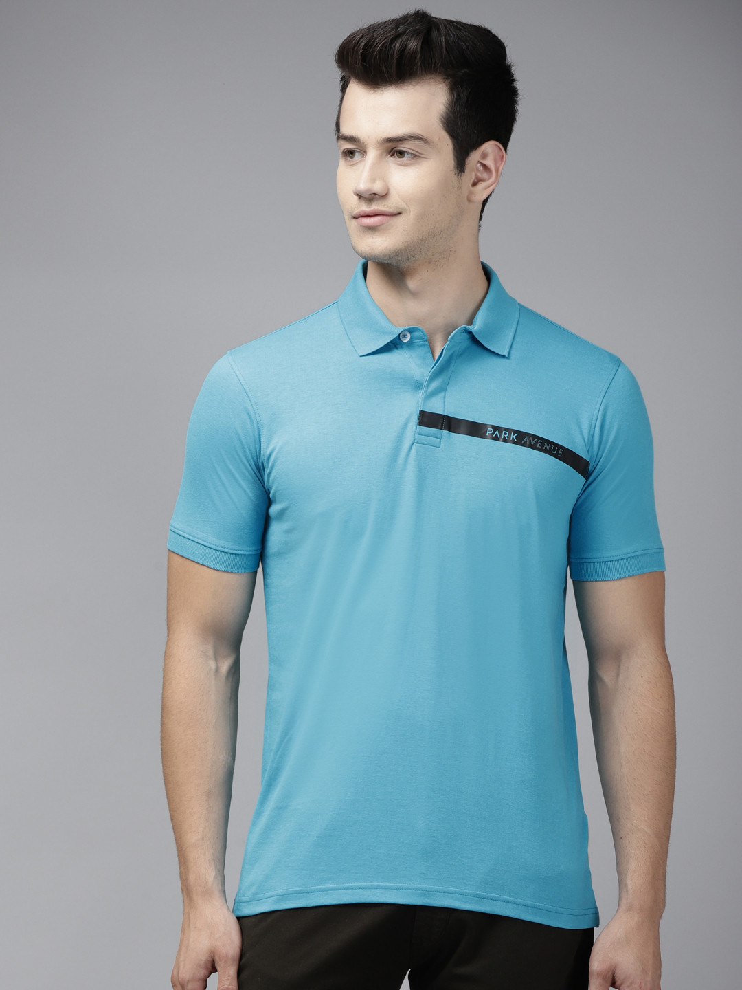 Park Avenue Men Blue Brand Logo Print Polo Collar Slim Fit T-shirt