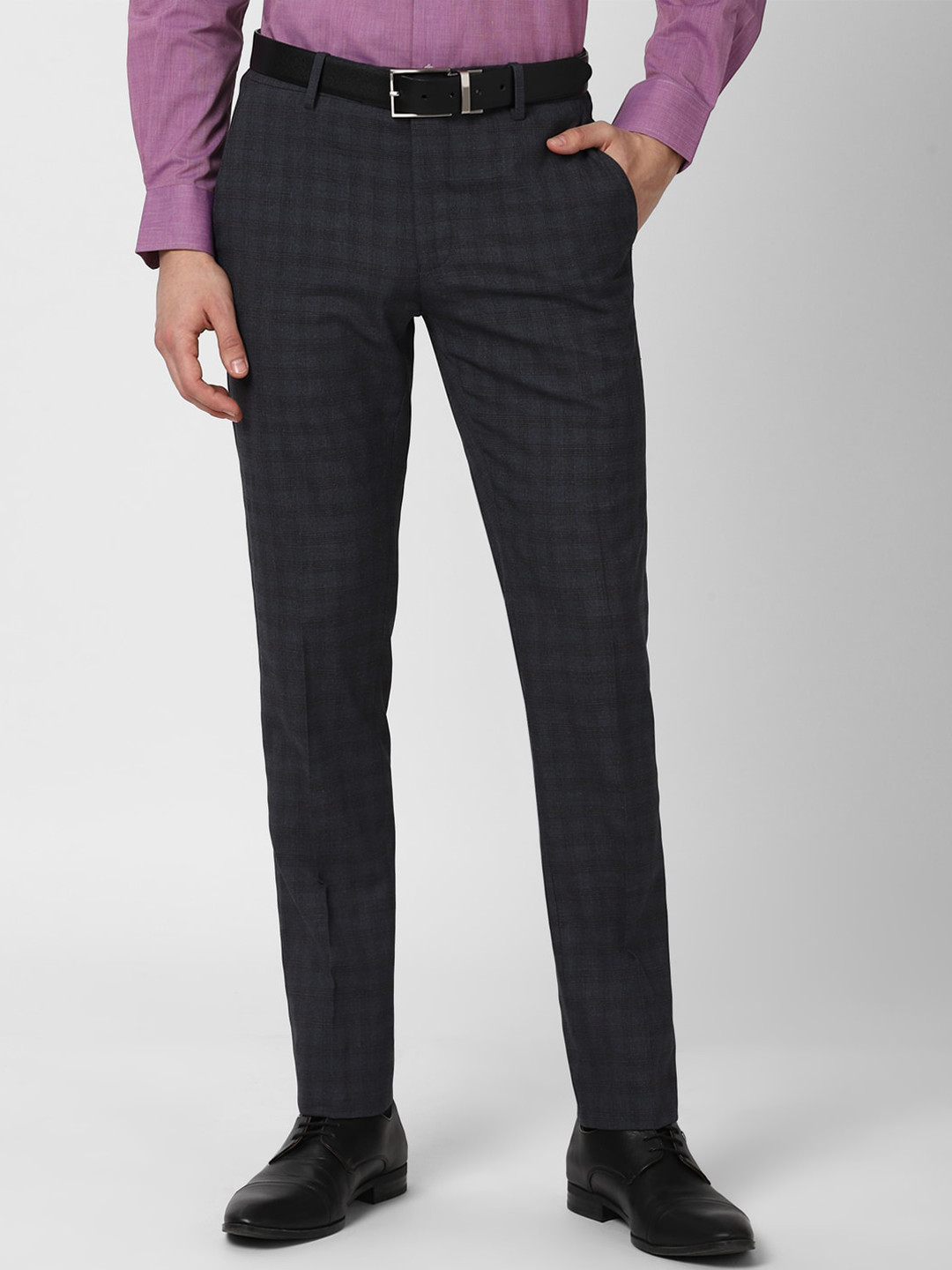 Peter England Men Grey Checked Slim Fit Trousers