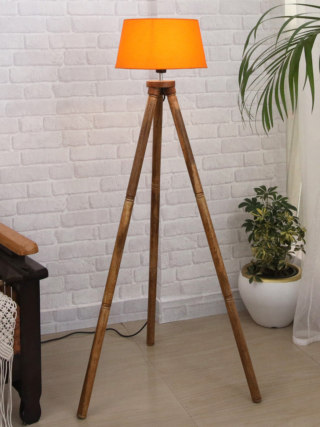 Homesake Orange Wood Tripod Floor Lamp