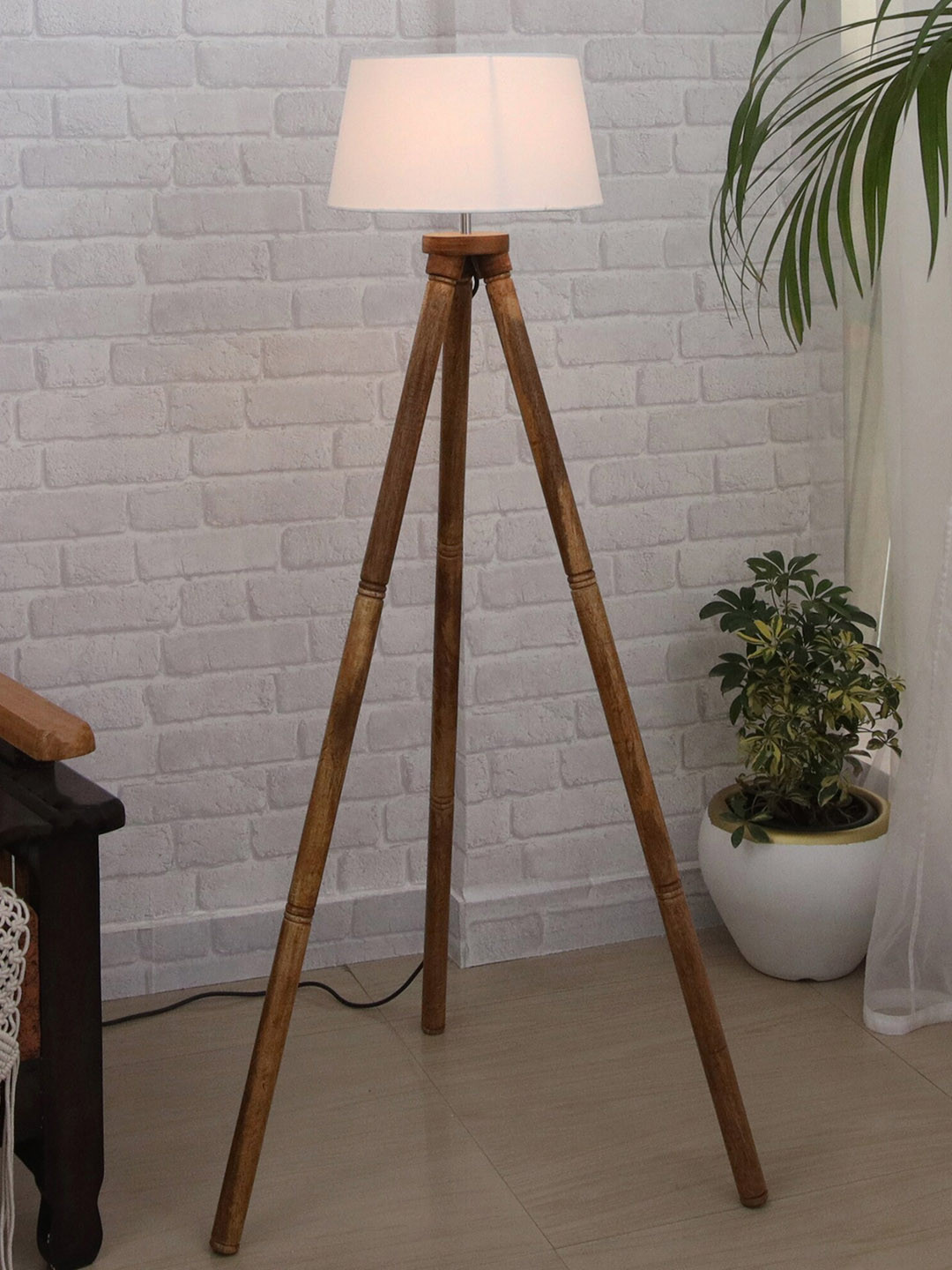 Homesake White & Brown Frustum Shaped Wooden Tripod Floor Lamp With Bulb