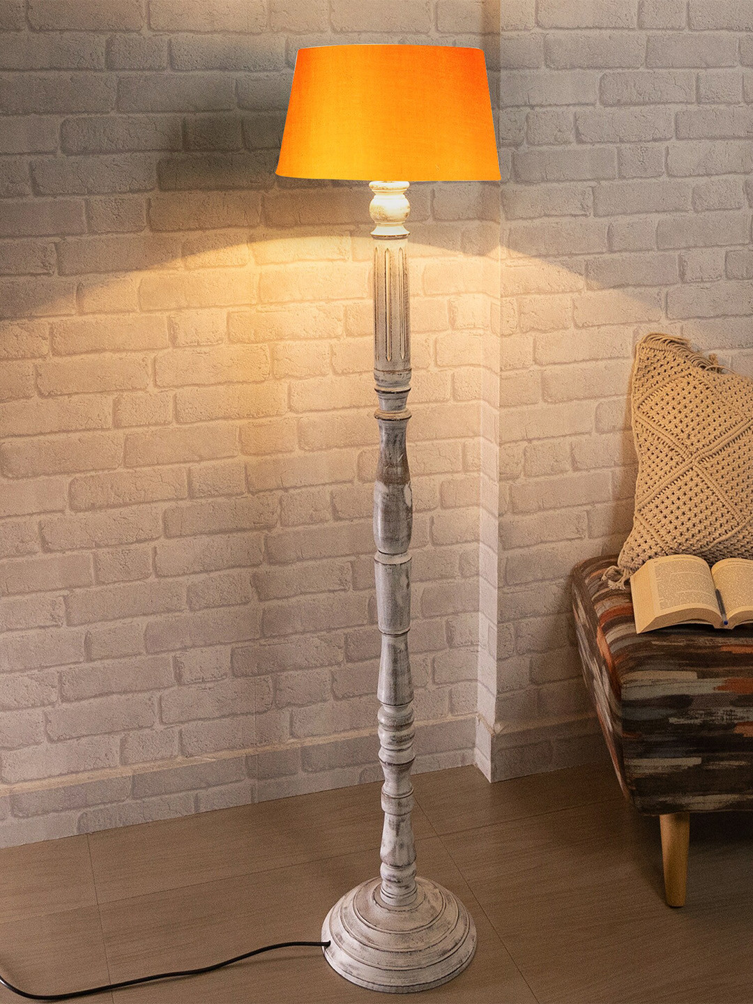 Homesake Orange Wood Antique White Athens Candlestick Floor Lamp With Orange Drum Shade