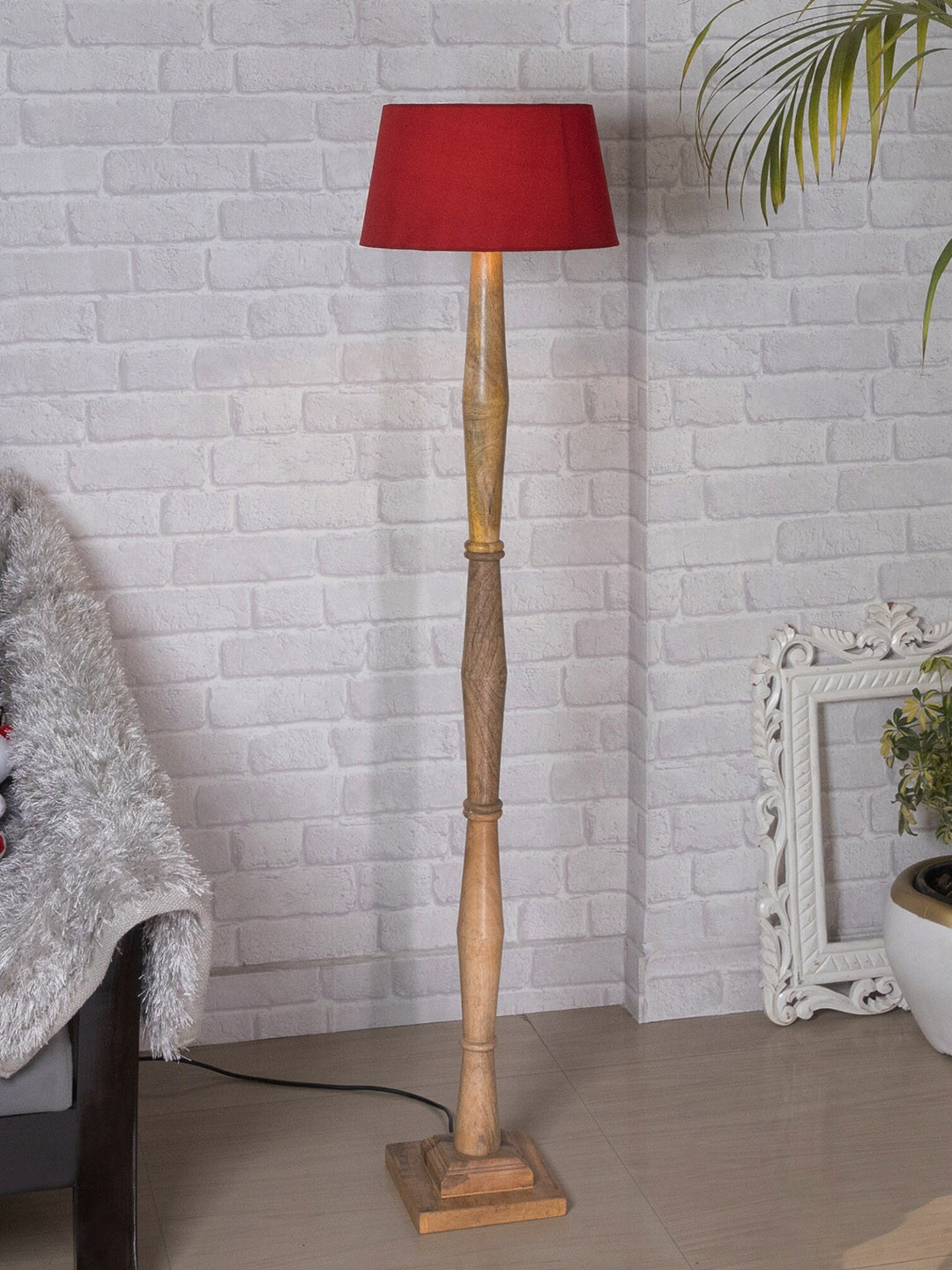 Homesake Red & Beige Wood Natural Diamond Candlestick Floor lamp With Jute Shade