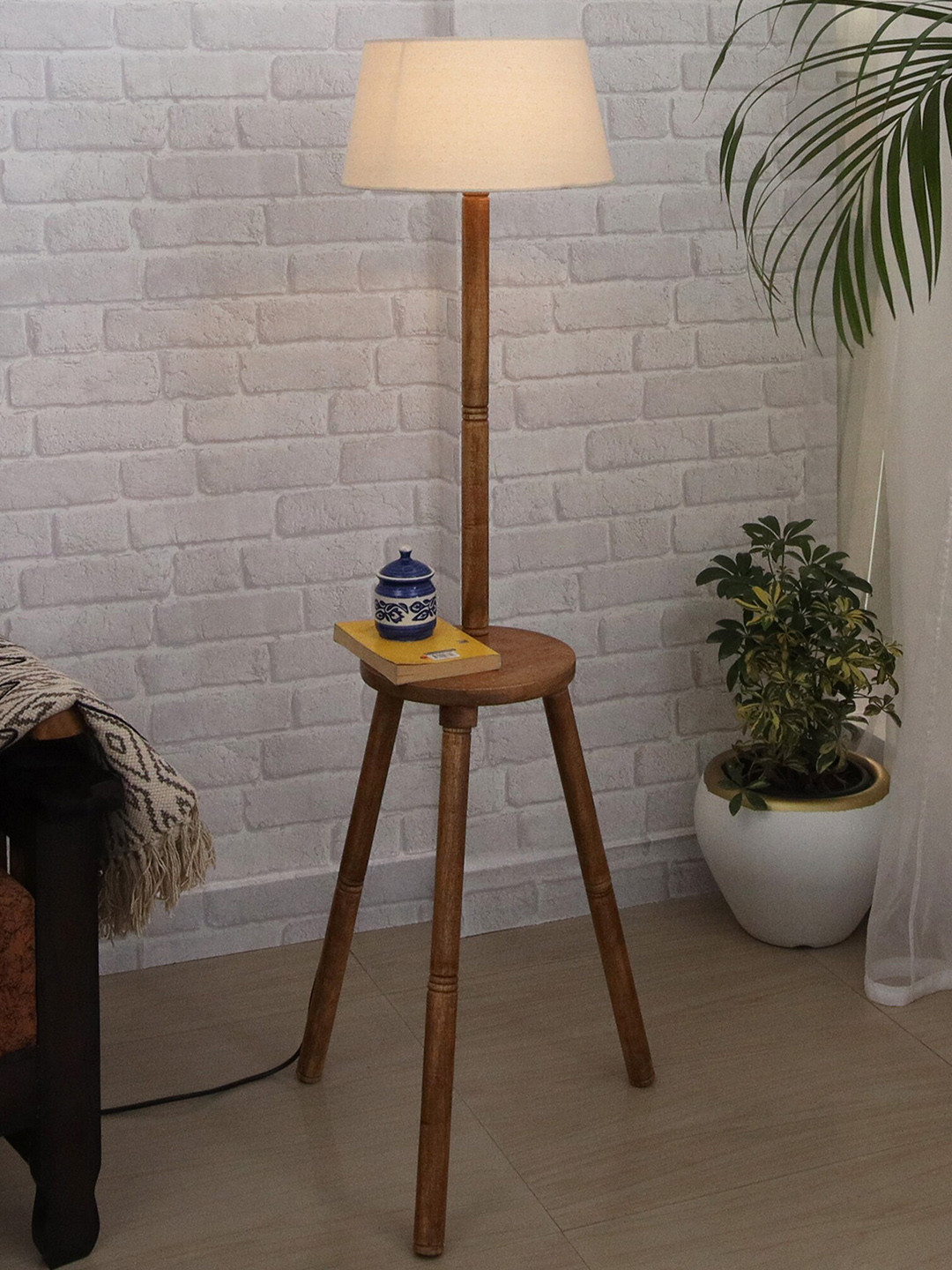 Homesake Beige Tripod Wooden Floor Lamp With Khadi Shade