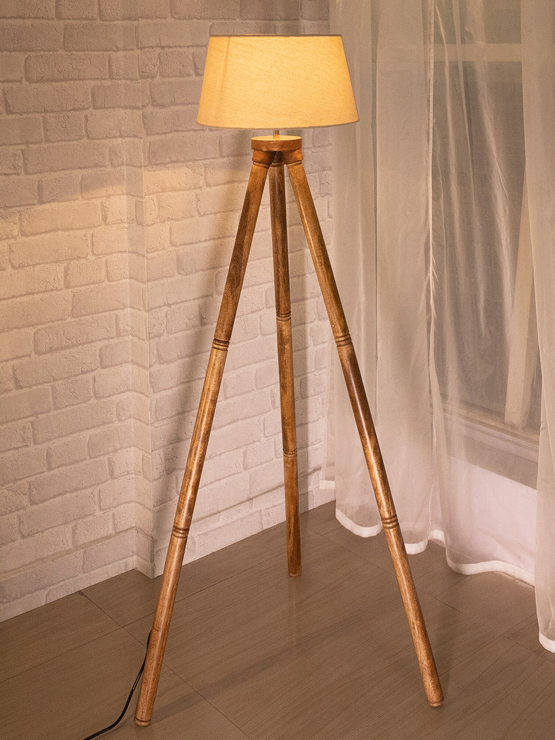 Homesake Beige Wooded Tripod Floor Lamp With Lamp Base