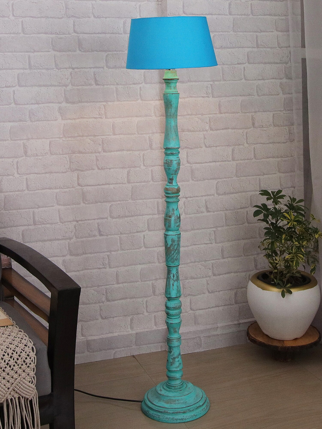 Homesake Turquoise Blue Shade Wooden Candlestick Floor Lamp