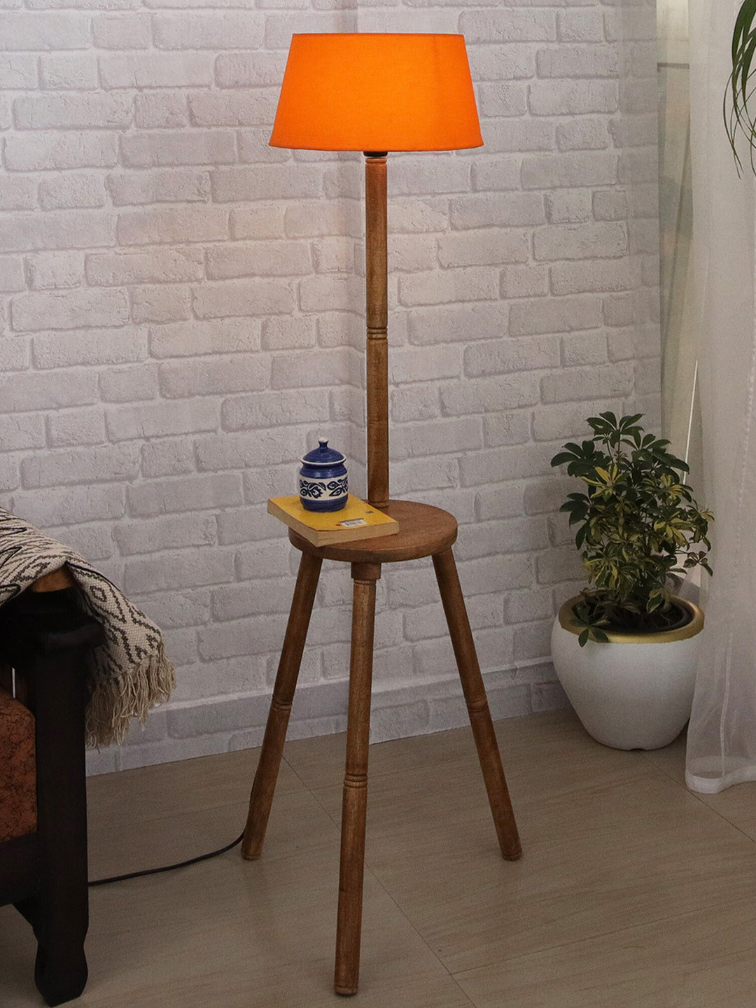 Homesake Orange Shade Wooden Tripod Floor Lamp