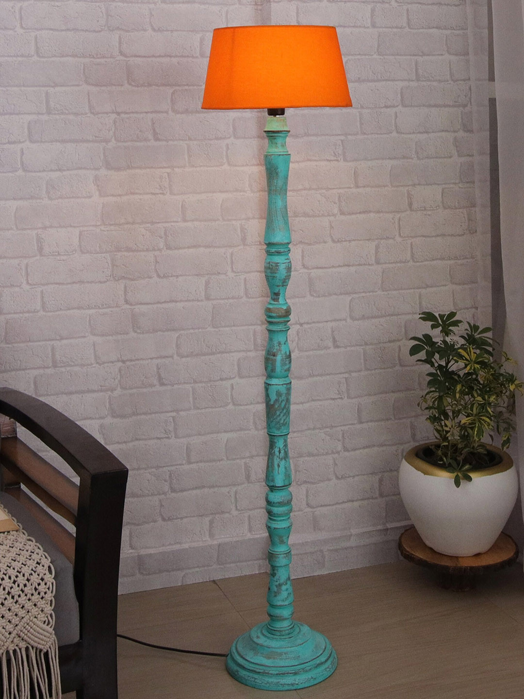 Homesake Orange & Sea Green Wood Antique Floor lamp With Drum Shade