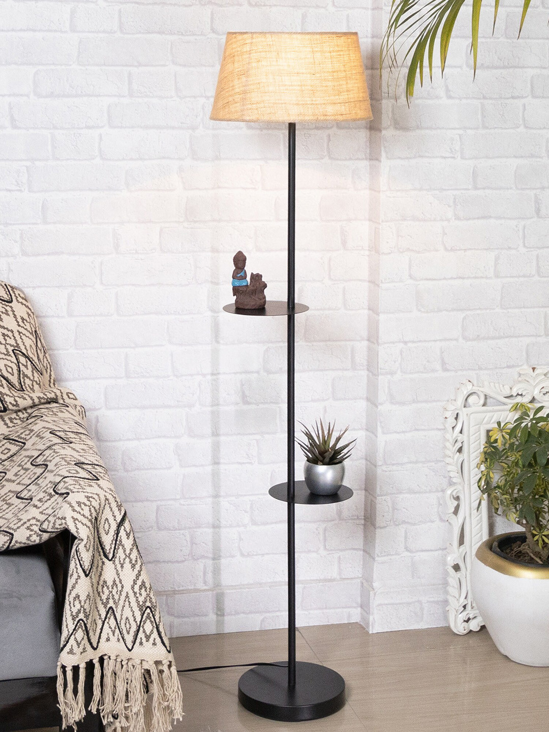 Homesake Brown & Black Shade Contemporary Duo Shelf Metal Floor Lamp