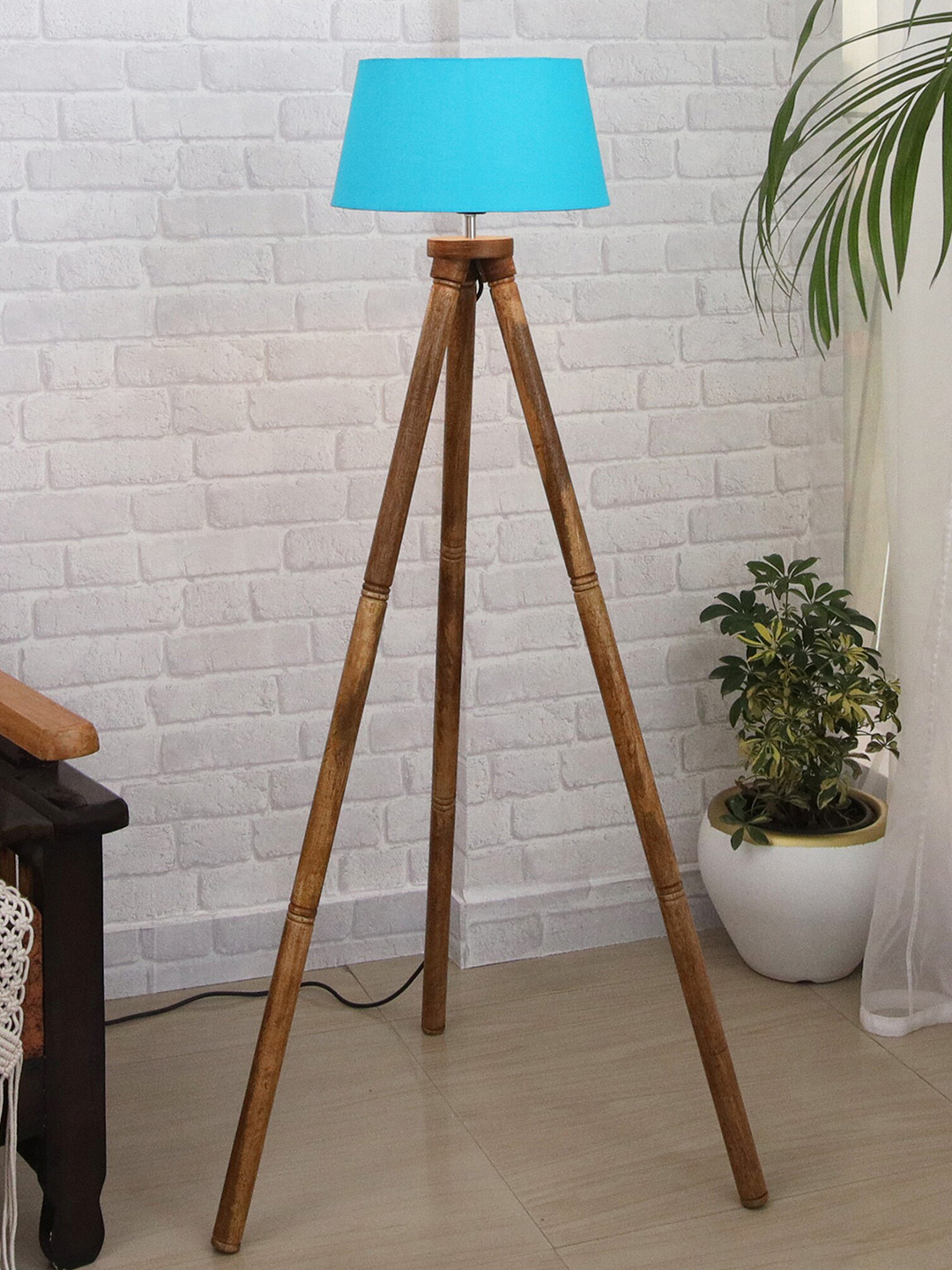 Homesake Turquoise Blue Wooden Tripod Floor Lamp With Shade