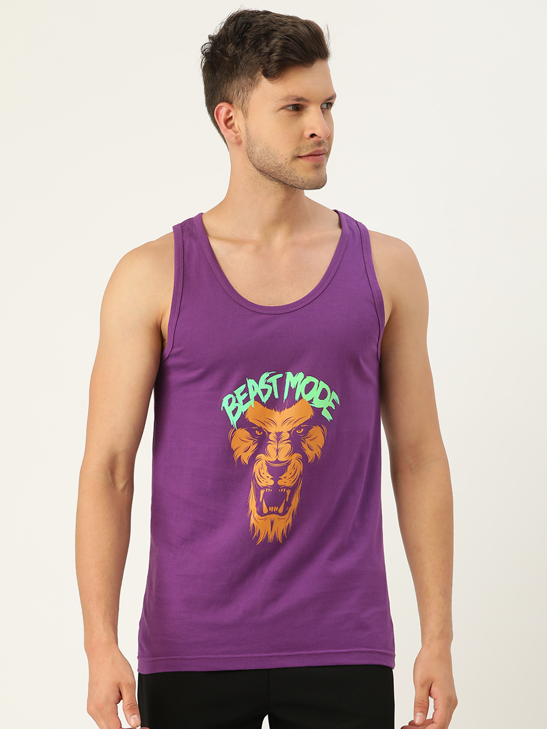 ROMEO ROSSI Men Purple & Green Printed Pure Cotton Gym Vest