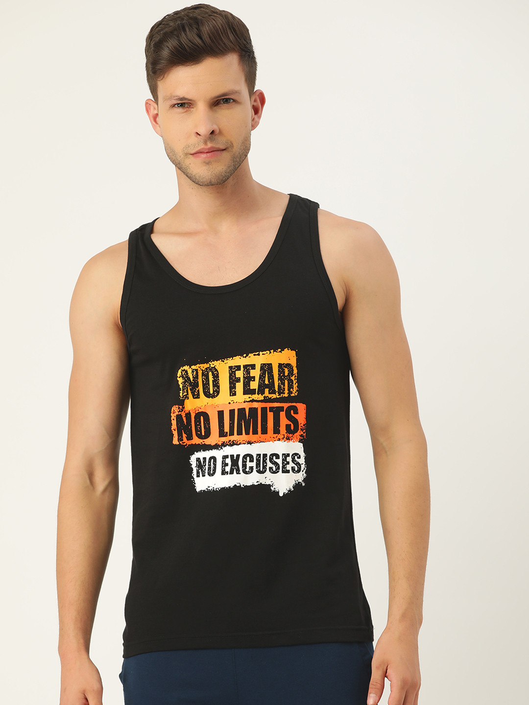 ROMEO ROSSI Men Black & Mustard Yellow Typography Pure Cotton Gym Vest