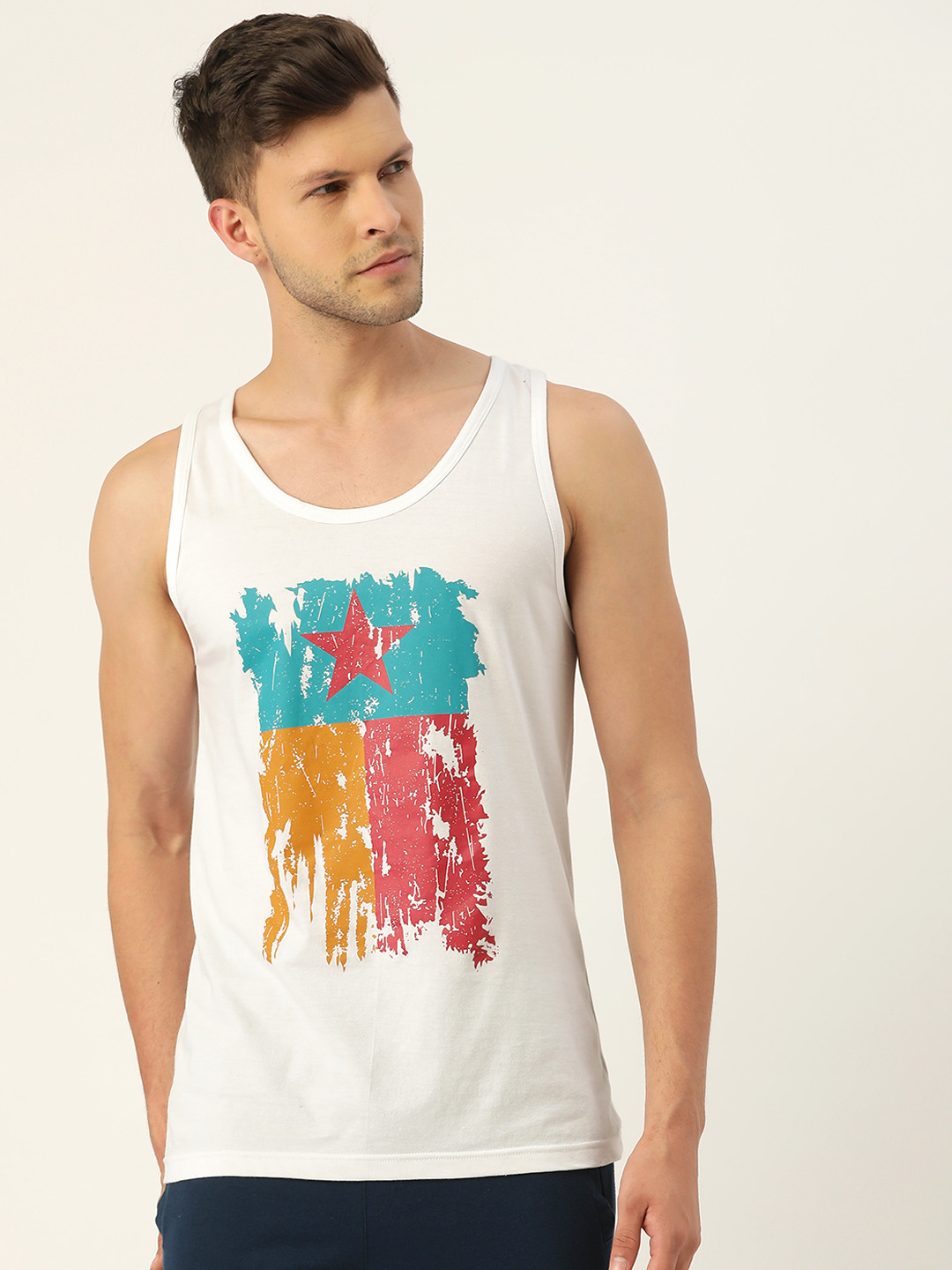 ROMEO ROSSI Men White & Blue Printed Pure Cotton Gym Vest