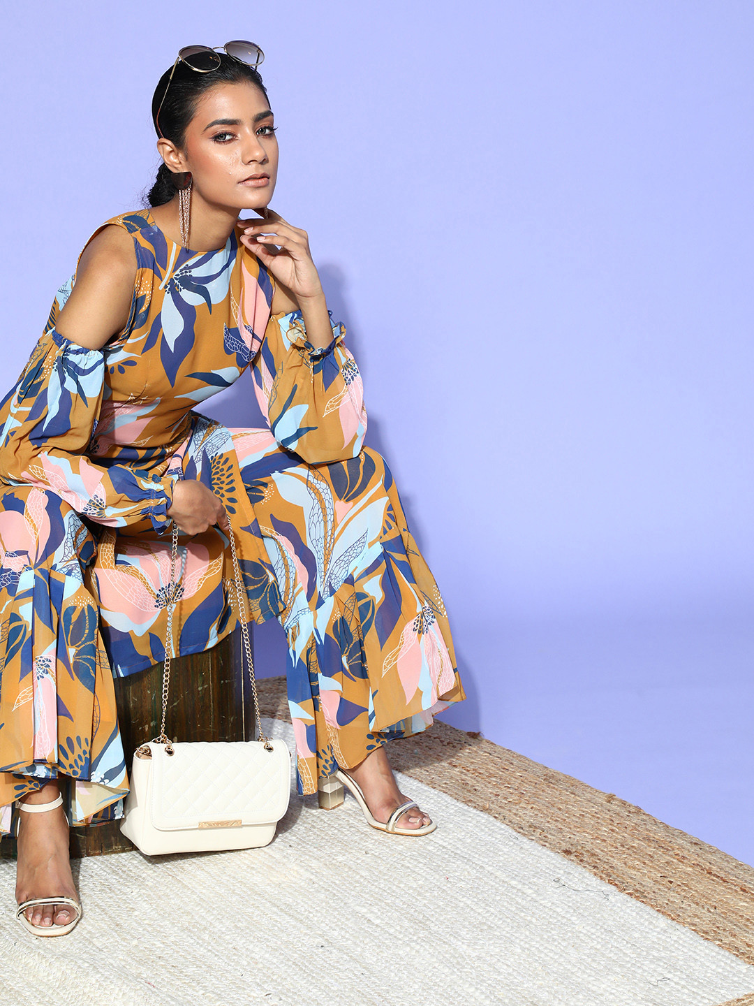 Inddus Mustard Poly Georgette Pleated Form Kurta Set