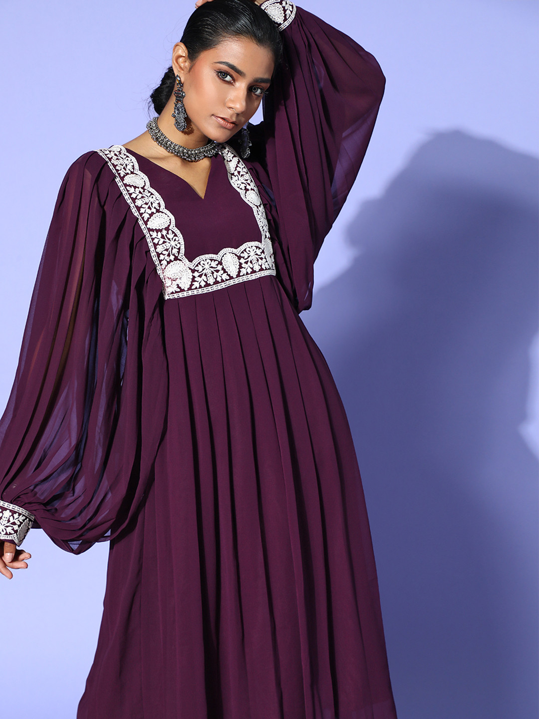 Inddus Purple Satin Batwing Sleeves Kurta Set